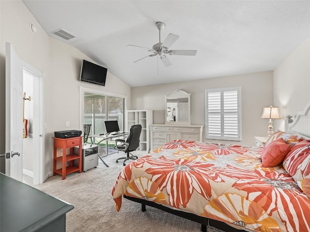 carpeted bedroom with visible vents, lofted ceiling, ceiling fan, and access to exterior