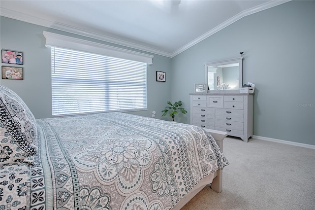 bedroom with light carpet, baseboards, vaulted ceiling, and ornamental molding