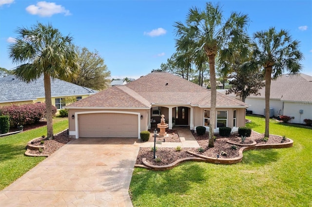 ranch-style house featuring roof with shingles, driveway, stucco siding, a front lawn, and a garage