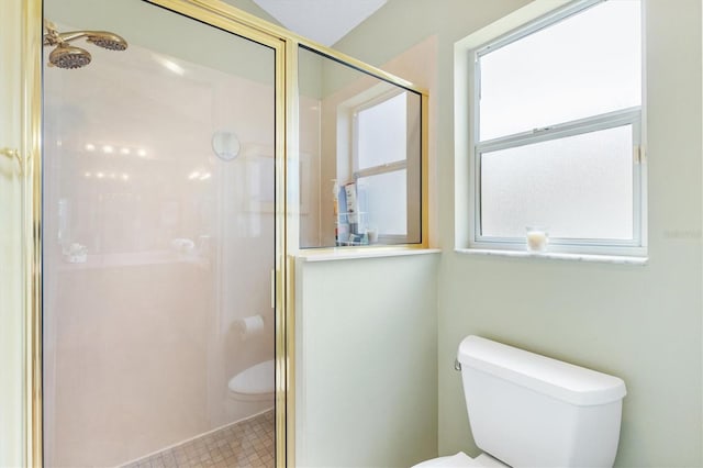 bathroom featuring a stall shower and toilet