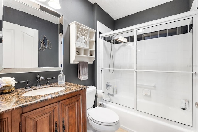 full bath with enclosed tub / shower combo, toilet, and vanity