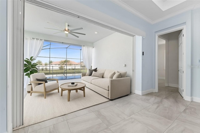 2174 Wallingford Loop, Mount Dora, FL 32757 - living room with ornamental molding and ceiling fan