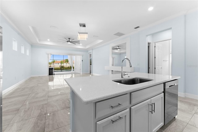 2174 Wallingford Loop, Mount Dora, FL 32757 - kitchen with dishwasher, ceiling fan, a kitchen island with sink, open floor plan, and light marble finish floors