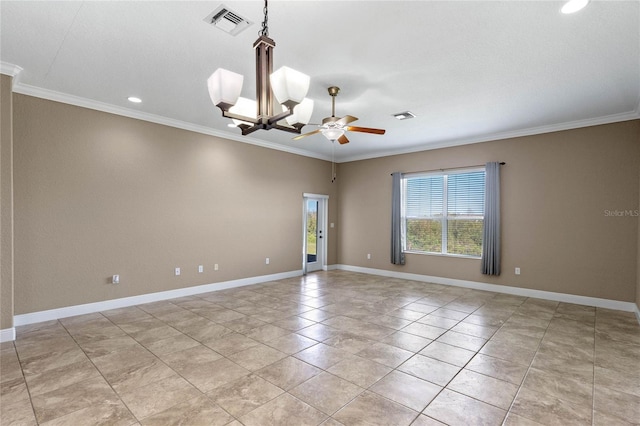 empty room with light tile patterned floors, baseboards, visible vents, crown molding, and ceiling fan with notable chandelier