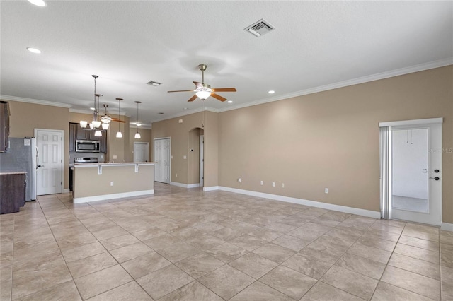 unfurnished living room featuring arched walkways, visible vents, ceiling fan with notable chandelier, and ornamental molding