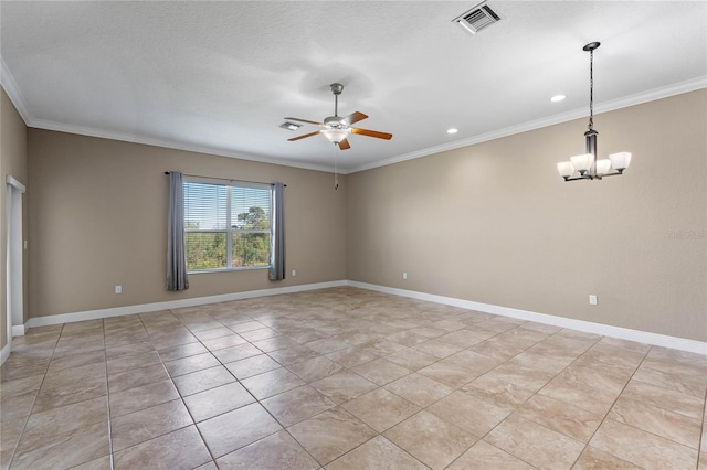 unfurnished room with visible vents, ceiling fan with notable chandelier, baseboards, and ornamental molding