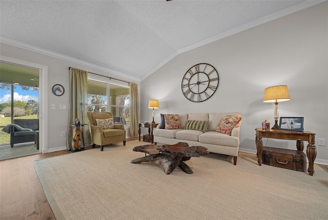 living area with a textured ceiling, crown molding, baseboards, and vaulted ceiling