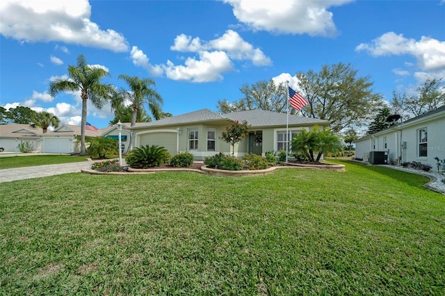 ranch-style home featuring stucco siding, driveway, cooling unit, a front yard, and an attached garage