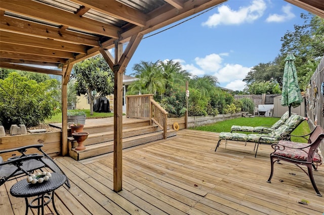 wooden terrace featuring fence