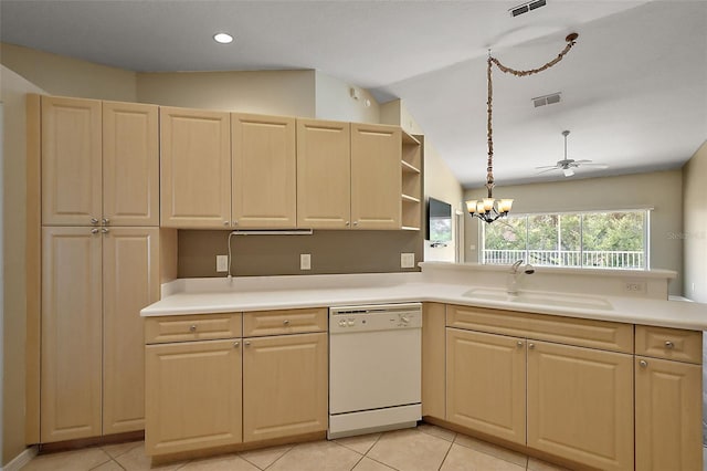 5359 Compass Pt, Oxford, FL 34484 - kitchen with light brown cabinets, ceiling fan with notable chandelier, dishwasher, and a sink