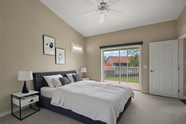 5359 Compass Pt, Oxford, FL 34484 - bedroom featuring baseboards, light colored carpet, lofted ceiling, a ceiling fan, and access to outside