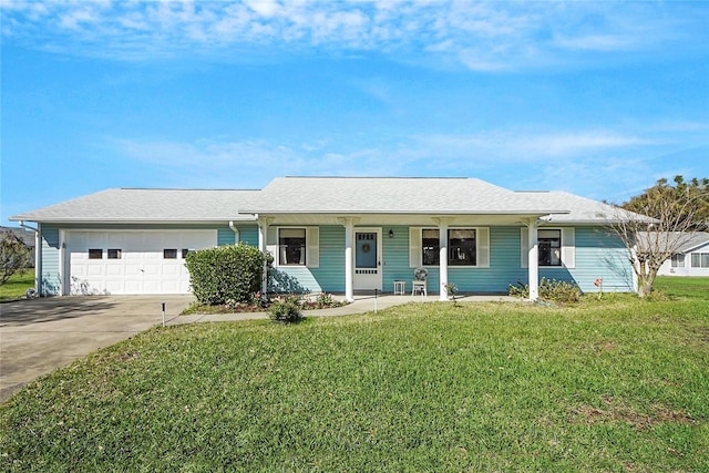 ranch-style house with a shingled roof, a front lawn, covered porch, driveway, and an attached garage