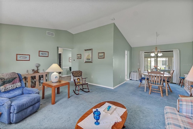 carpeted living room featuring baseboards, visible vents, an inviting chandelier, vaulted ceiling, and a textured ceiling