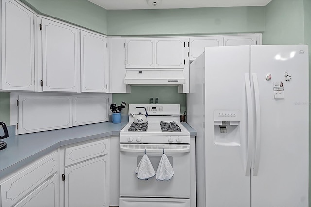 kitchen featuring white cabinetry, white appliances, light countertops, and under cabinet range hood