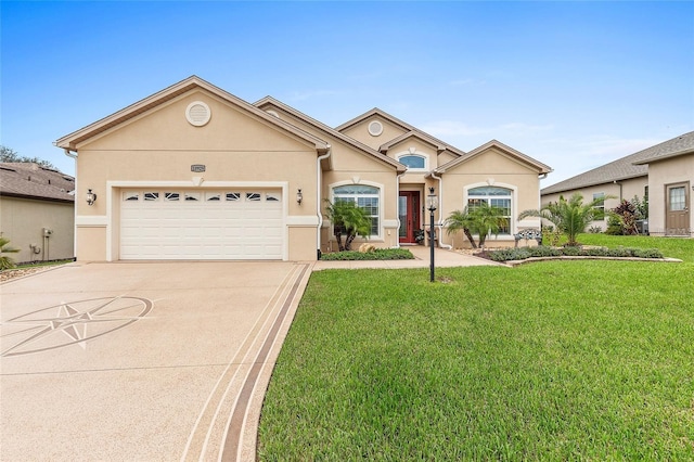 view of front of house featuring concrete driveway, stucco siding, a garage, and a front lawn