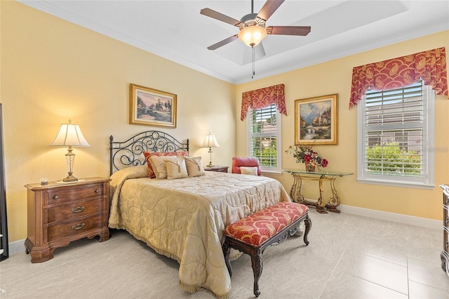 bedroom featuring ornamental molding, baseboards, ceiling fan, and light tile patterned flooring