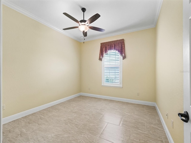 empty room with crown molding, baseboards, and a ceiling fan