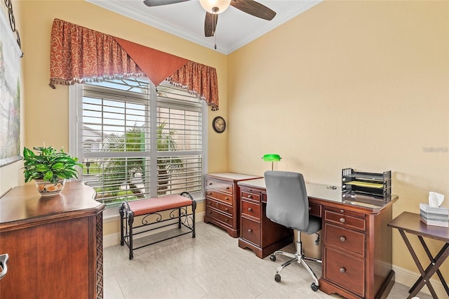 home office with baseboards, ornamental molding, and a ceiling fan