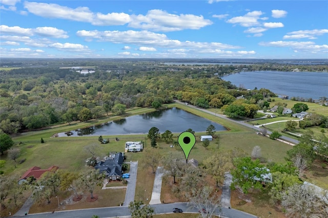 bird's eye view with a view of trees and a water view