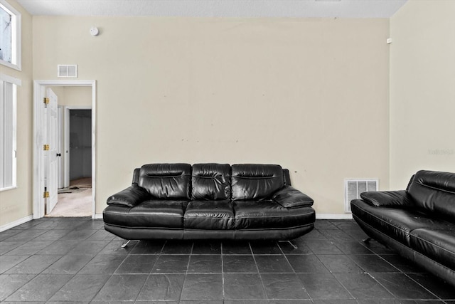 living area featuring visible vents and baseboards