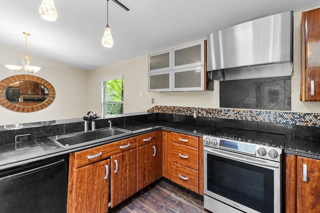 kitchen with ventilation hood, stainless steel electric range oven, dishwashing machine, decorative backsplash, and a sink