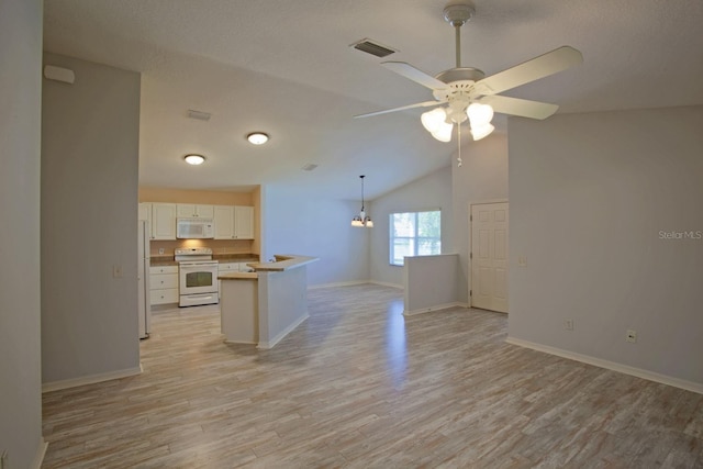 kitchen featuring white appliances, visible vents, light wood-style flooring, white cabinets, and open floor plan