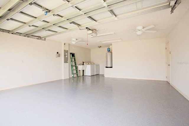 garage featuring electric panel, water heater, a garage door opener, independent washer and dryer, and a ceiling fan