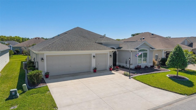 6083 Delphina Loop, The Villages, FL 32163 - ranch-style home with stucco siding, a front lawn, concrete driveway, a shingled roof, and a garage