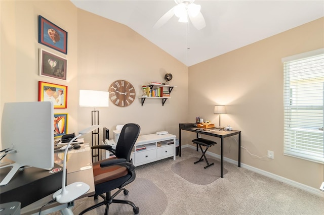 6083 Delphina Loop, The Villages, FL 32163 - office area featuring baseboards, carpet floors, ceiling fan, and vaulted ceiling