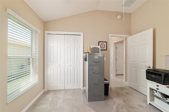 6083 Delphina Loop, The Villages, FL 32163 - carpeted office featuring lofted ceiling, baseboards, and visible vents
