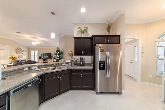 6083 Delphina Loop, The Villages, FL 32163 - kitchen featuring ornamental molding, a ceiling fan, a sink, plenty of natural light, and appliances with stainless steel finishes