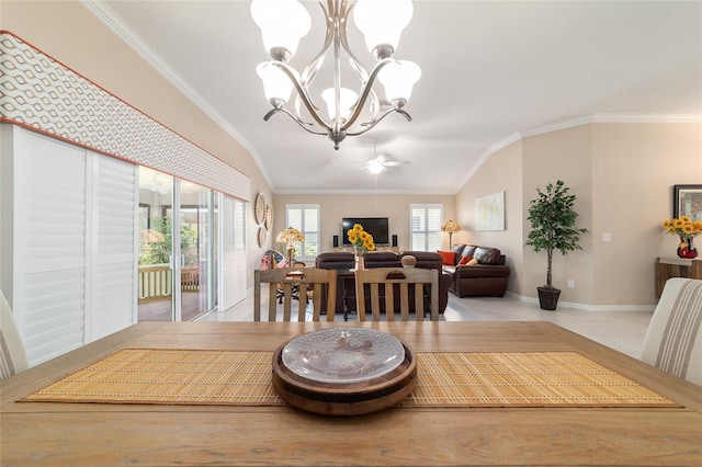 6083 Delphina Loop, The Villages, FL 32163 - dining area with baseboards, a chandelier, crown molding, and vaulted ceiling