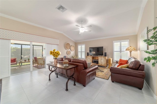 6083 Delphina Loop, The Villages, FL 32163 - living area with lofted ceiling, plenty of natural light, visible vents, and ornamental molding