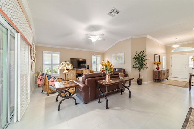 6083 Delphina Loop, The Villages, FL 32163 - living area with visible vents, plenty of natural light, lofted ceiling, and ceiling fan