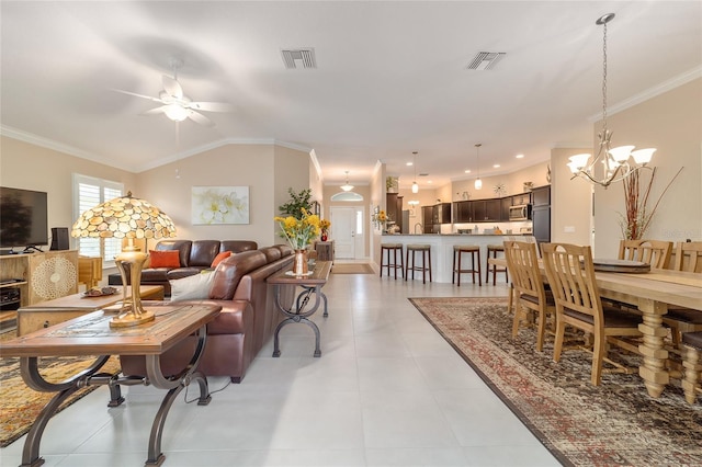 6083 Delphina Loop, The Villages, FL 32163 - living area with crown molding, ceiling fan with notable chandelier, and visible vents