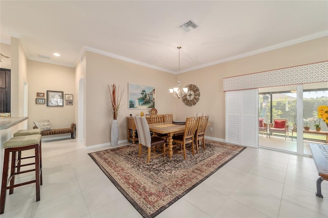6083 Delphina Loop, The Villages, FL 32163 - dining space featuring visible vents, baseboards, a notable chandelier, and ornamental molding