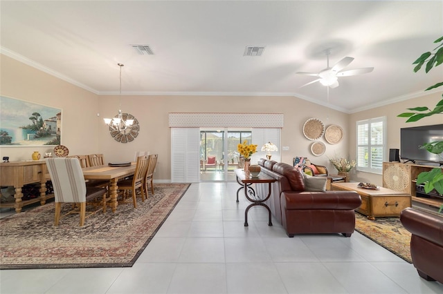 6083 Delphina Loop, The Villages, FL 32163 - living area with visible vents, lofted ceiling, and ornamental molding