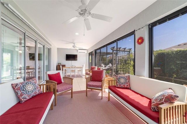 6083 Delphina Loop, The Villages, FL 32163 - sunroom / solarium with outdoor dining space, a ceiling fan, carpet floors, a wall mounted AC, and an outdoor hangout area