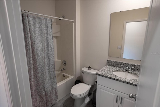 bathroom featuring tile patterned floors, toilet, vanity, and shower / bathtub combination with curtain