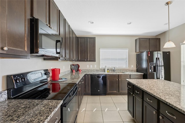 kitchen with dark brown cabinets, black appliances, and a sink