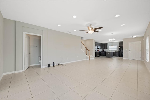 unfurnished living room with stairway, light tile patterned flooring, recessed lighting, and ceiling fan