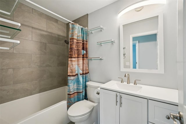 bathroom featuring toilet, vanity, and shower / bath combination with curtain