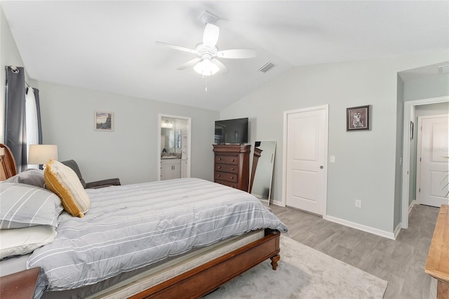 3786 Stephanie Way, The Villages, FL 32163 - bedroom with visible vents, ceiling fan, baseboards, light wood-type flooring, and lofted ceiling