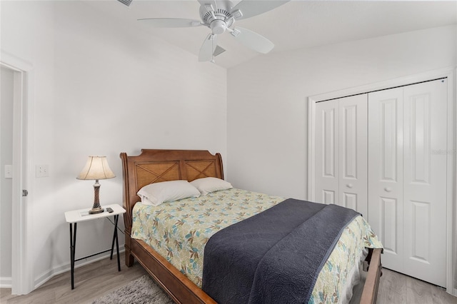3786 Stephanie Way, The Villages, FL 32163 - bedroom with a ceiling fan, a closet, light wood finished floors, and baseboards