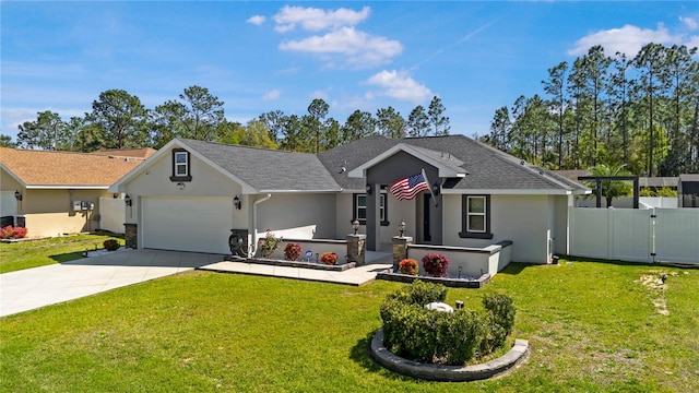 single story home featuring a front yard, a gate, driveway, an attached garage, and stucco siding