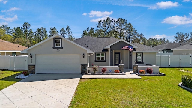 ranch-style home featuring a front lawn, a gate, driveway, and stucco siding