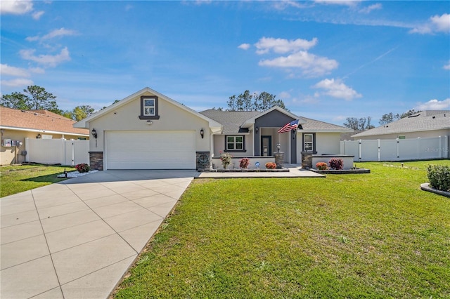 ranch-style home featuring stucco siding, a front lawn, driveway, fence, and an attached garage