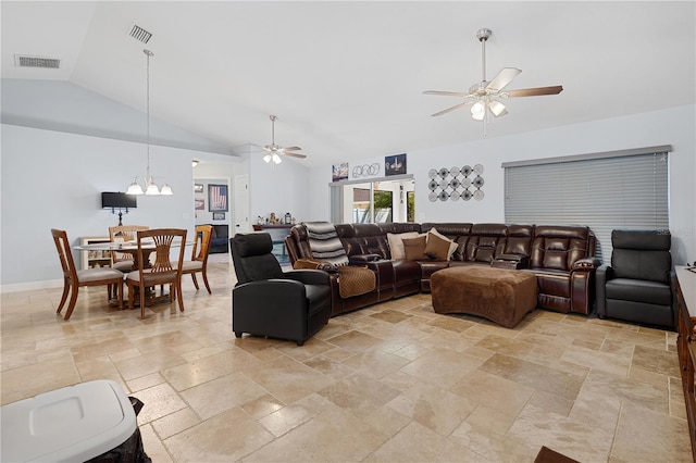 8880 SE 161st St, Summerfield, FL 34491 - living area with visible vents, ceiling fan with notable chandelier, high vaulted ceiling, and stone finish floor