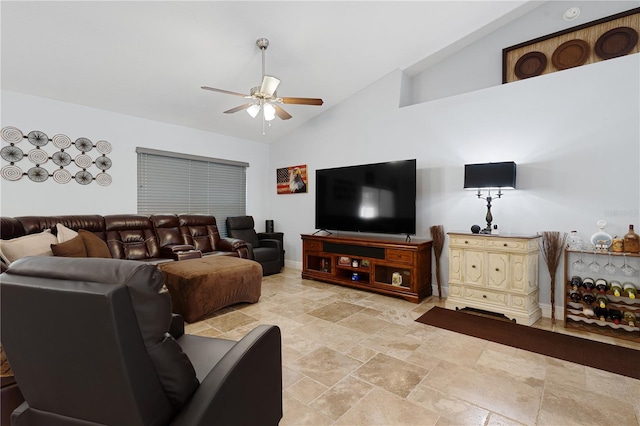 8880 SE 161st St, Summerfield, FL 34491 - living room with high vaulted ceiling, baseboards, and a ceiling fan