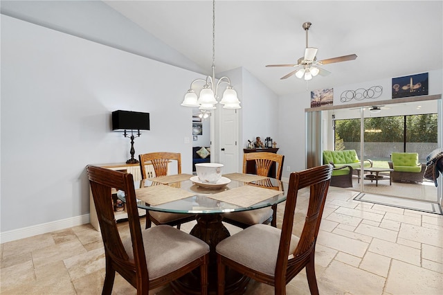 8880 SE 161st St, Summerfield, FL 34491 - dining space featuring lofted ceiling, stone tile floors, ceiling fan with notable chandelier, and baseboards